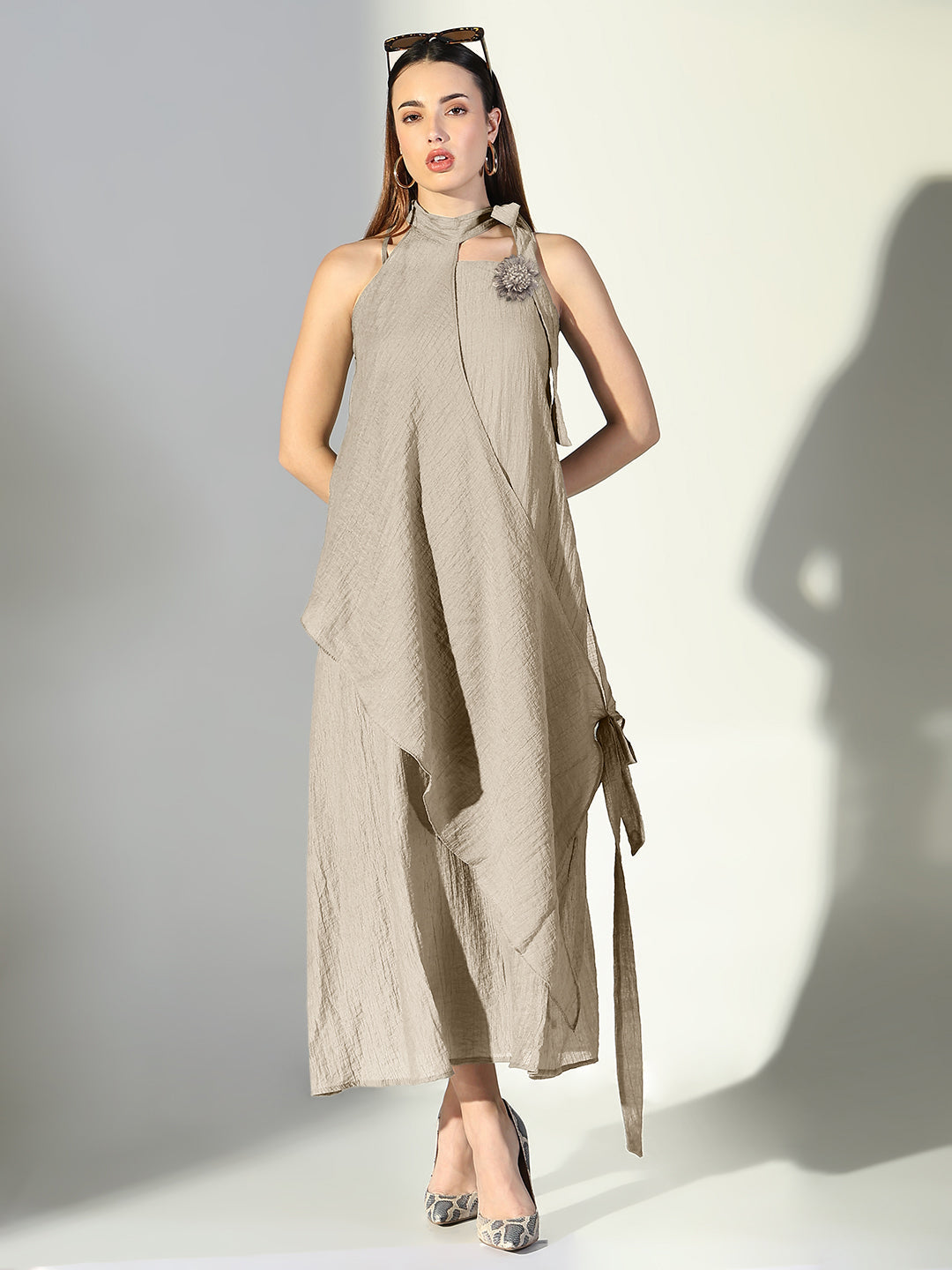 Women's Beige Asymmetric Halter Neck Dress with Flower Detail