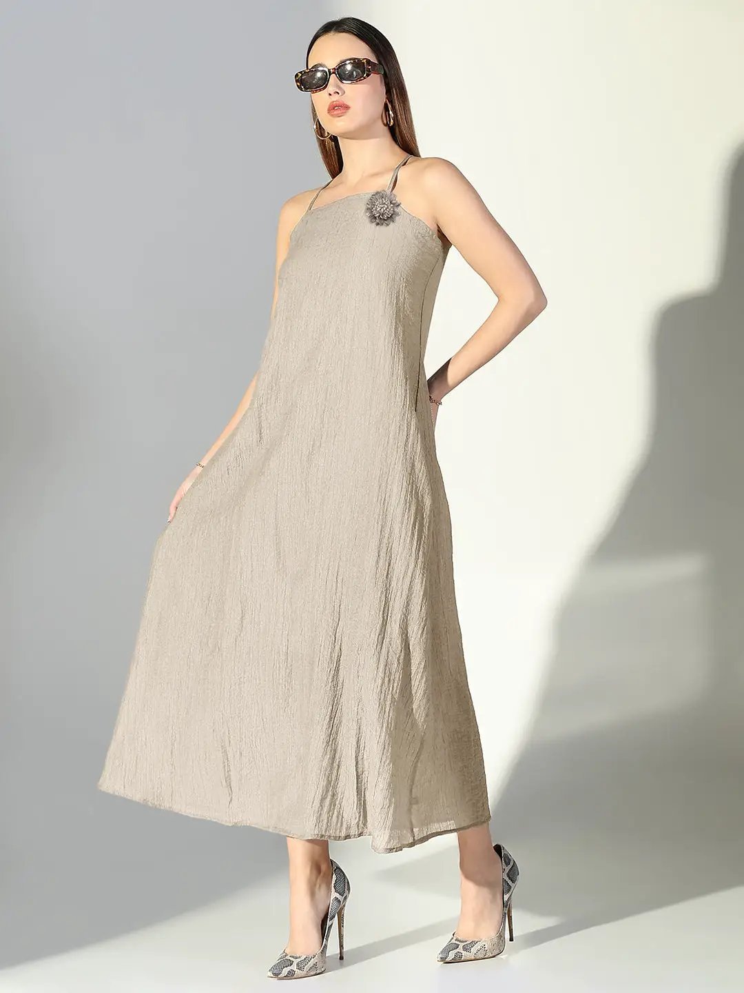 Women's Beige Asymmetric Halter Neck Dress with Flower Detail - from SHOWOFFFF