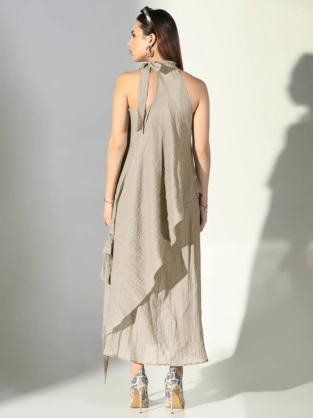 Women's Beige Asymmetric Halter Neck Dress with Flower Detail - from SHOWOFFFF