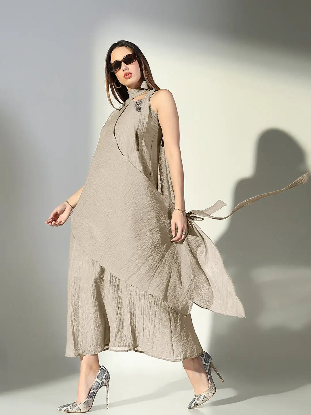 Women's Beige Asymmetric Halter Neck Dress with Flower Detail - from SHOWOFFFF