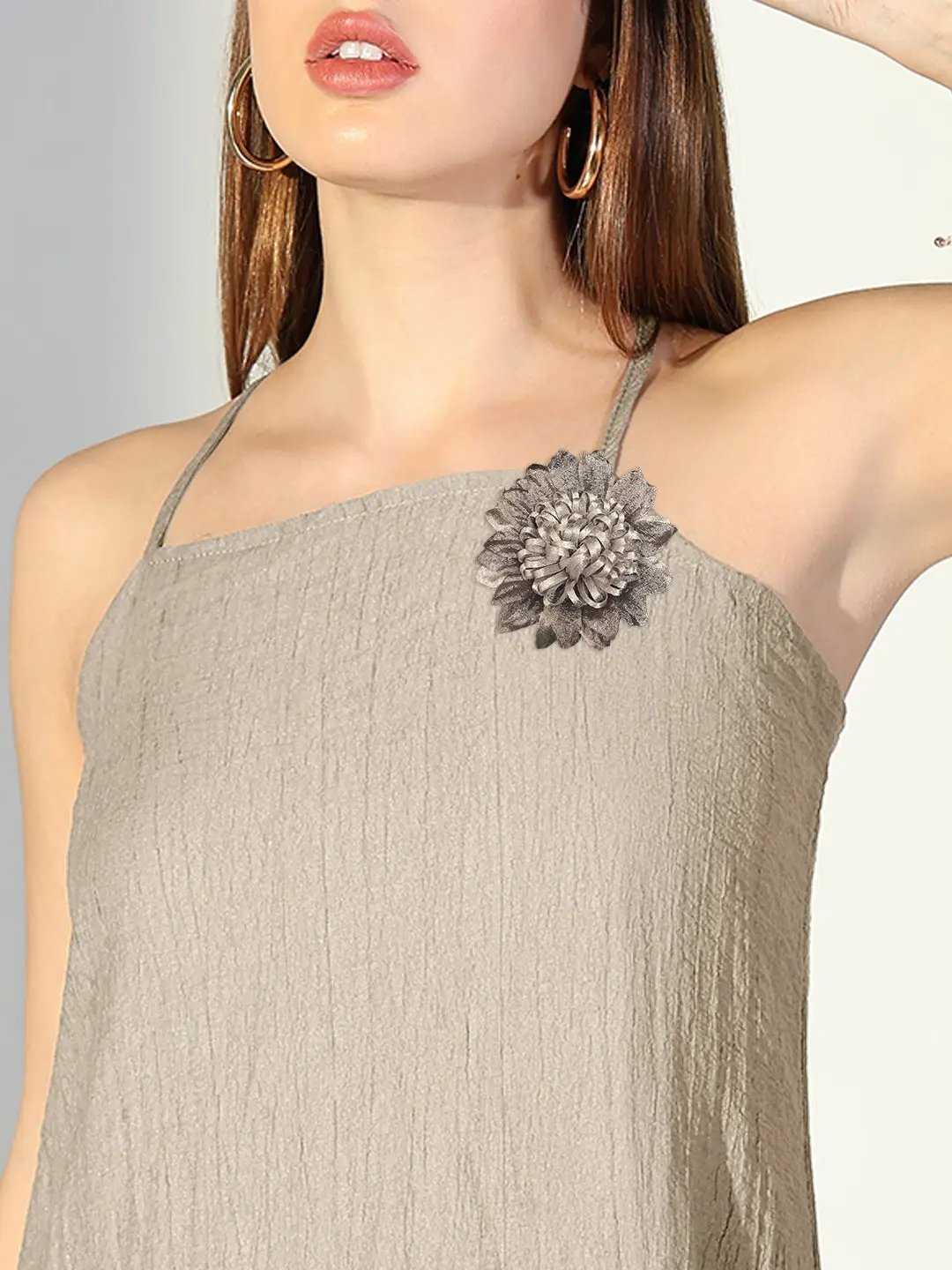 Women's Beige Asymmetric Halter Neck Dress with Flower Detail - from SHOWOFFFF
