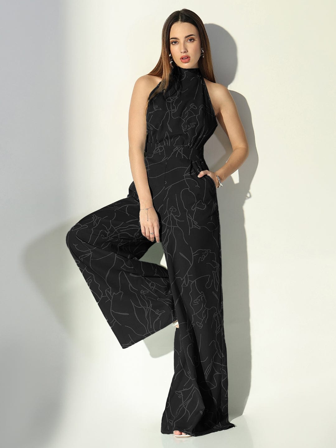 Women's Abstract Print Black Halter Neck Jumpsuit