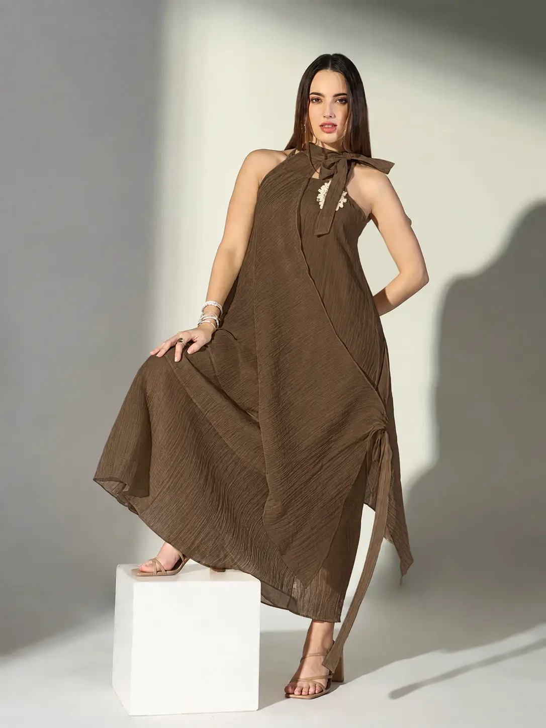 Women's Brown Asymmetric Maxi Dress with Shoulder Straps & Floral Applique