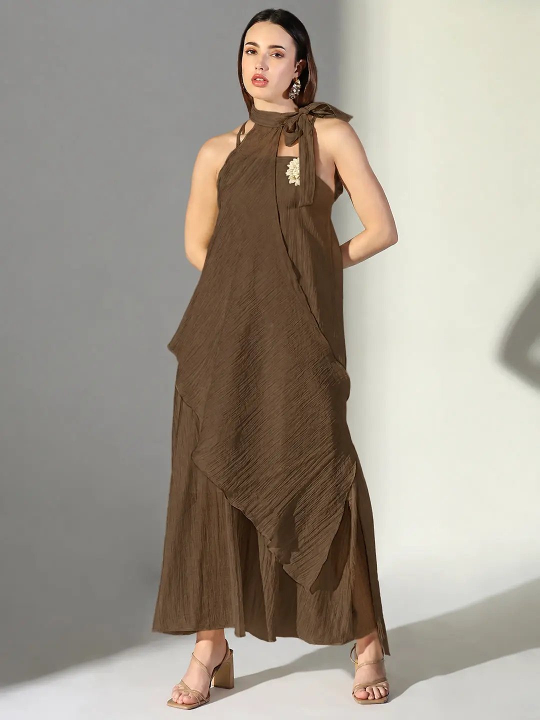 Women's Brown Asymmetric Maxi Dress with Shoulder Straps & Floral Applique