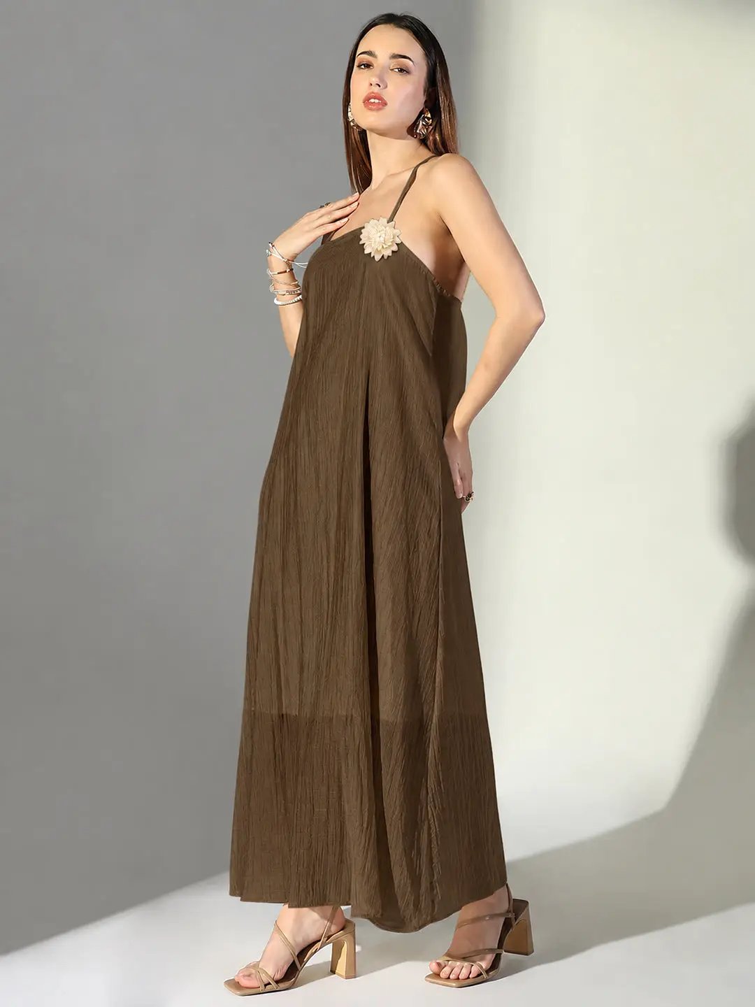 Women's Brown Asymmetric Maxi Dress with Shoulder Straps & Floral Applique