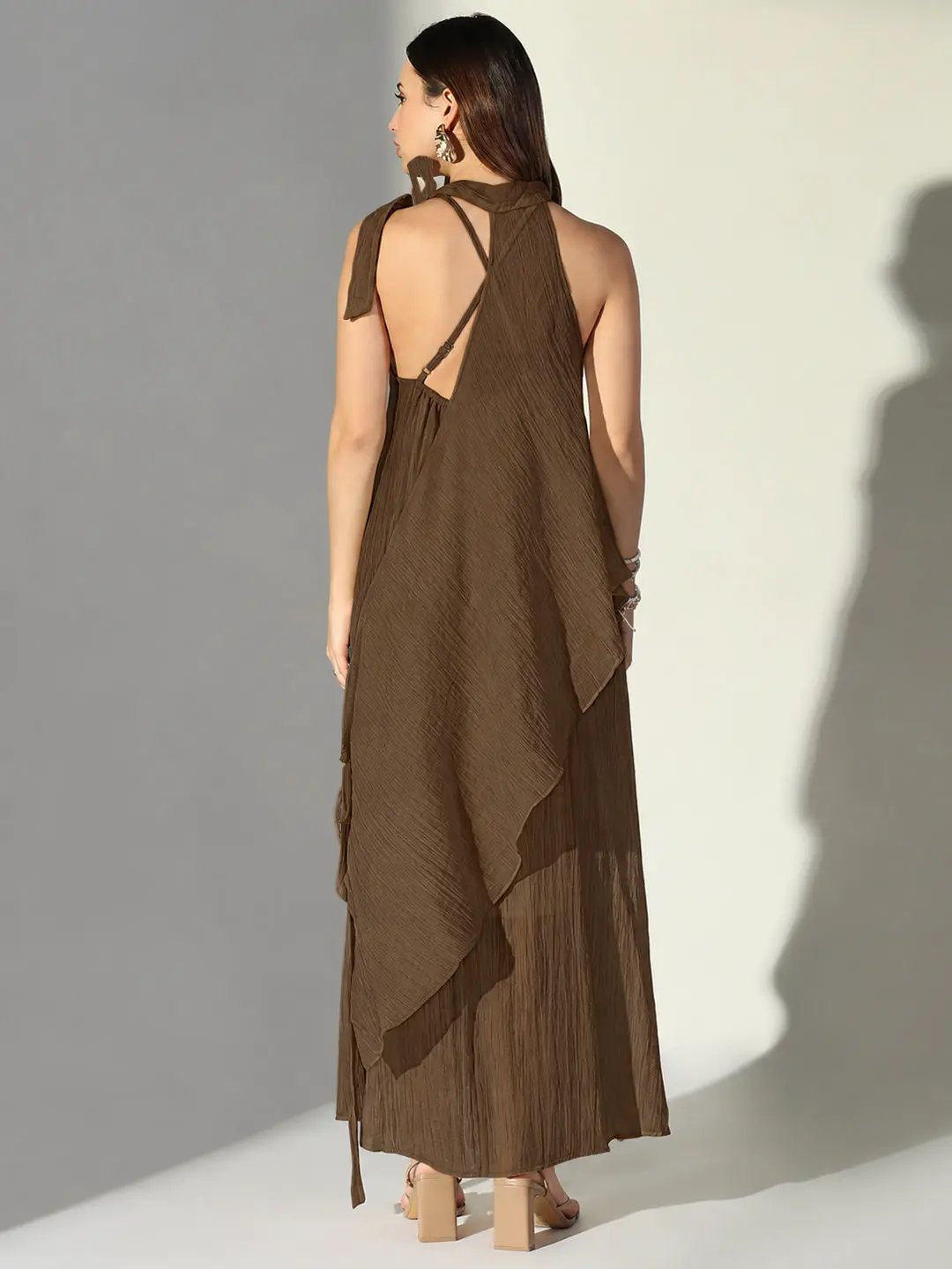 Women's Brown Asymmetric Maxi Dress with Shoulder Straps & Floral Applique