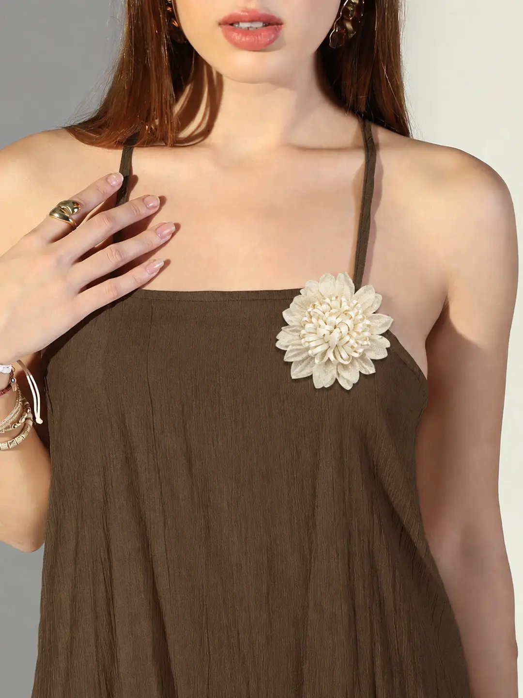 Women's Brown Asymmetric Maxi Dress with Shoulder Straps & Floral Applique