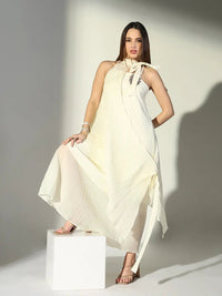 Women's Cream Asymmetric Halter Neck Dress with Flower Detail