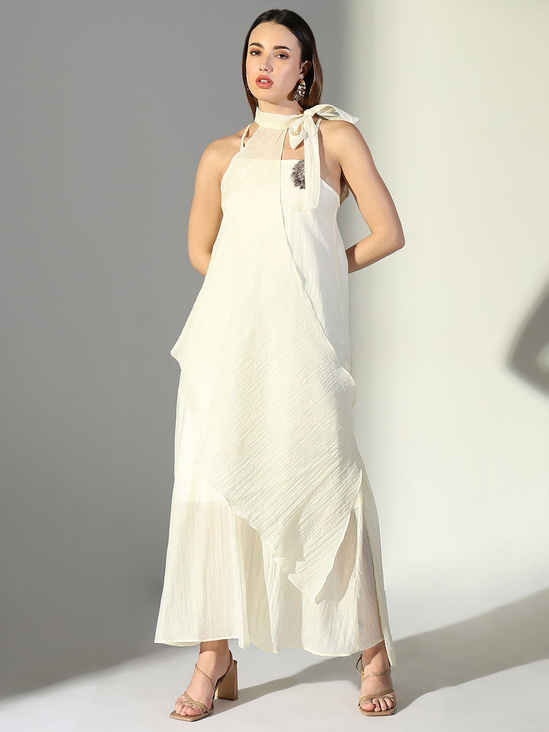 Women's Cream Asymmetric Halter Neck Dress with Flower Detail