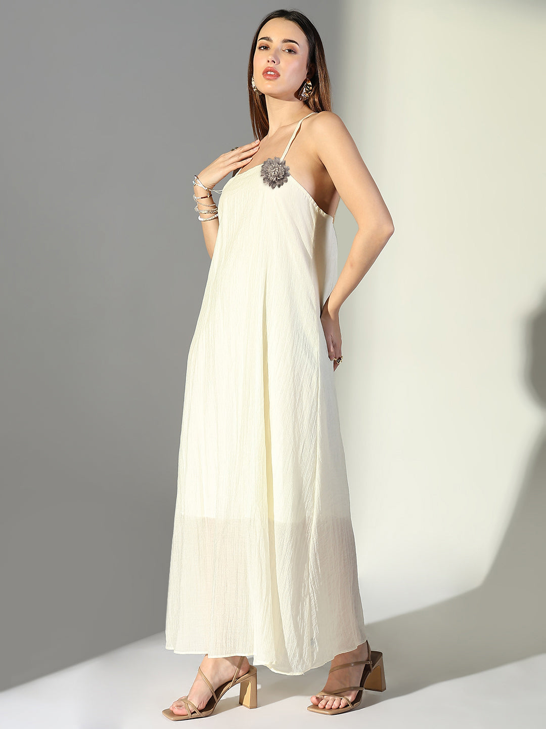 Women's Cream Asymmetric Halter Neck Dress with Flower Detail