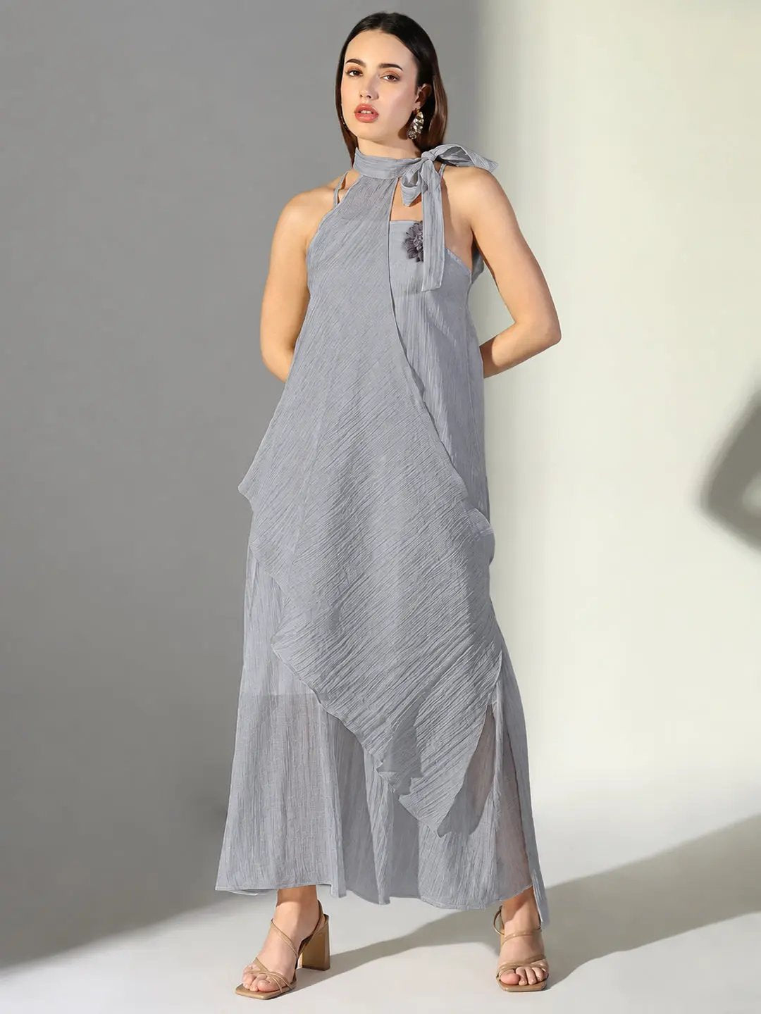 Women's Grey Asymmetric Maxi Dress with Shoulder Straps & Floral Applique