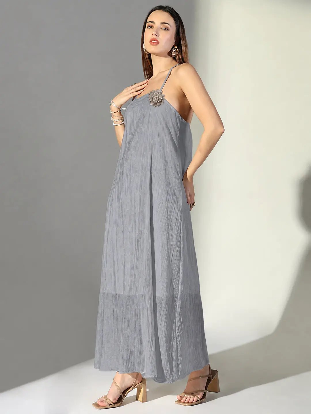 Women's Grey Asymmetric Maxi Dress with Shoulder Straps & Floral Applique