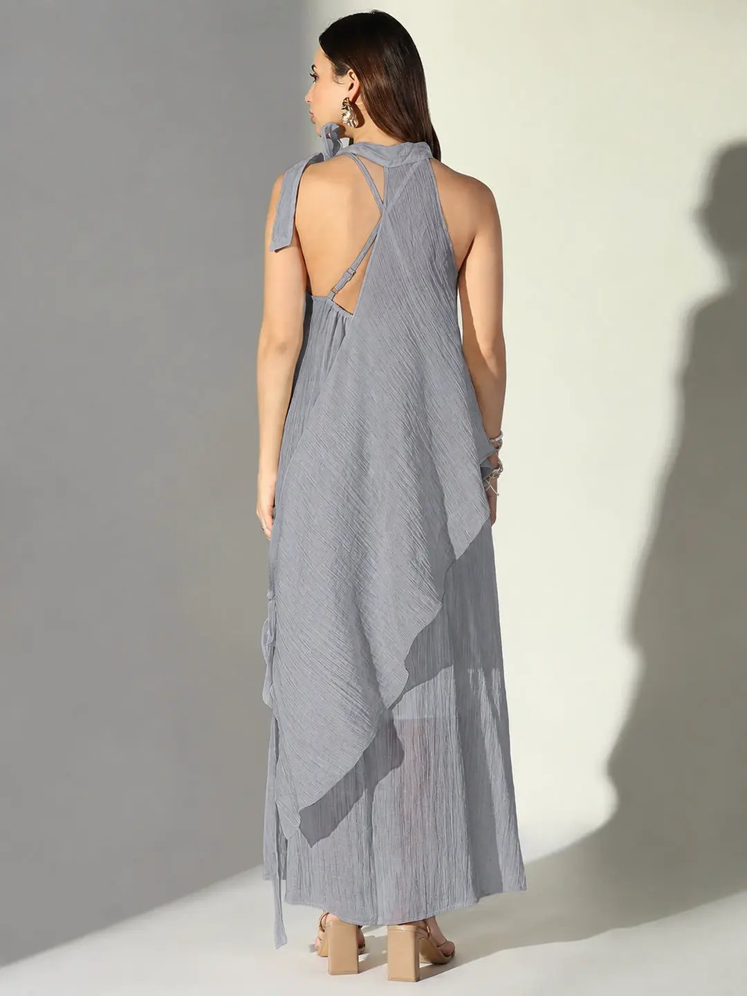 Women's Grey Asymmetric Maxi Dress with Shoulder Straps & Floral Applique
