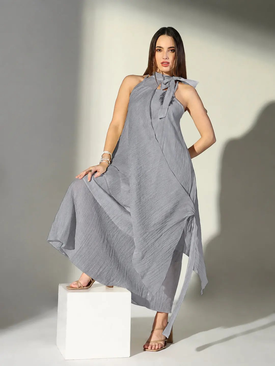 Women's Grey Asymmetric Maxi Dress with Shoulder Straps & Floral Applique