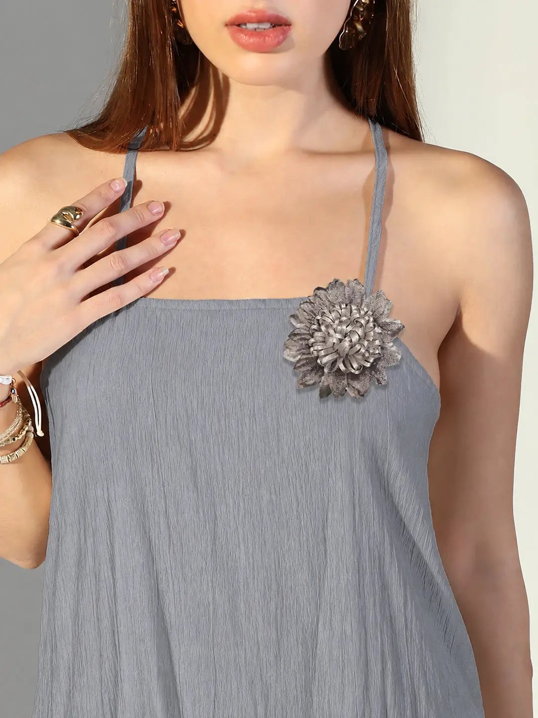 Women's Grey Asymmetric Maxi Dress with Shoulder Straps & Floral Applique