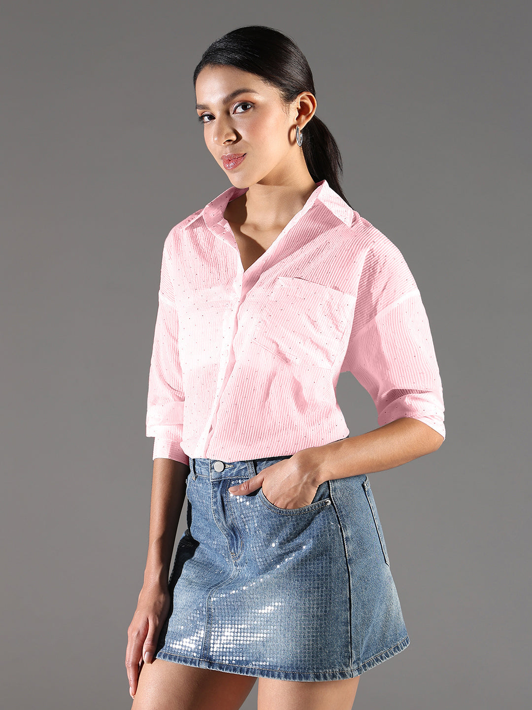 Women Pink Striped Oversized Shirt with Chest Pocket