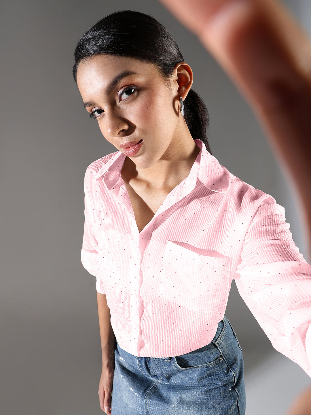 Women Pink Striped Oversized Shirt with Chest Pocket