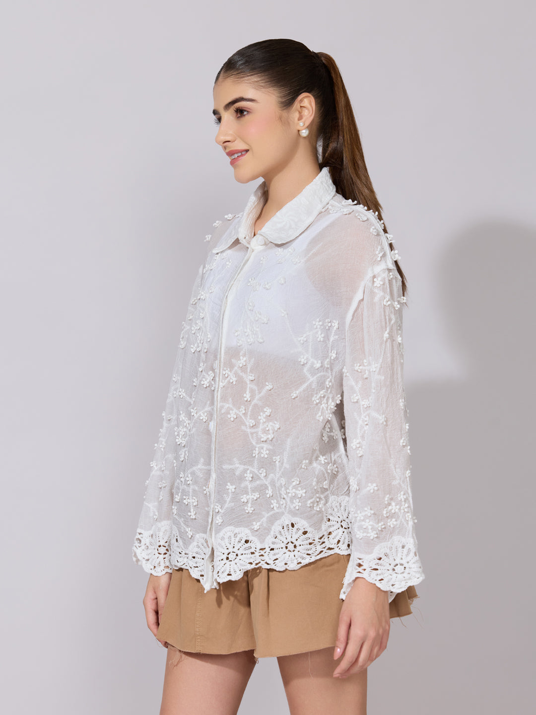 Women's Floral Embroidered White Sheer Shirt with Lace Hem