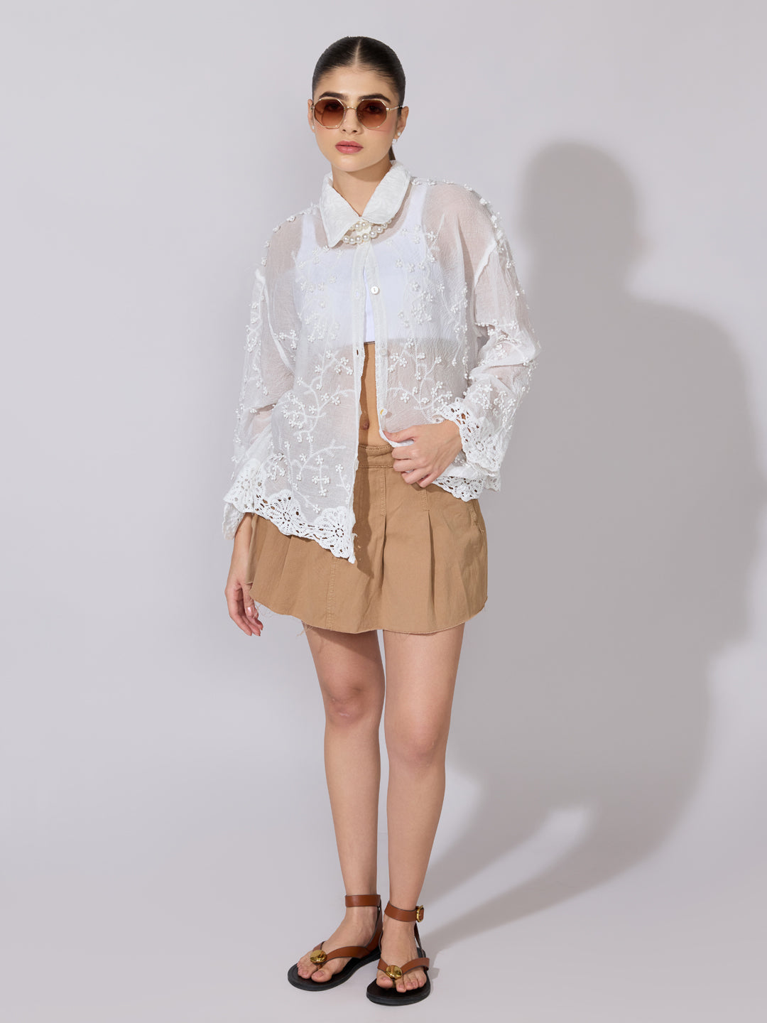Women's Floral Embroidered White Sheer Shirt with Lace Hem