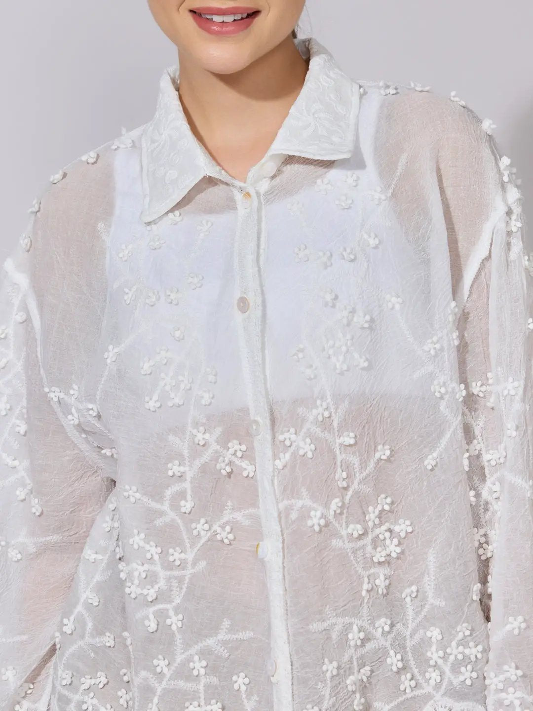 Shop Women's Floral Embroidered White Sheer Shirt with Lace Hem