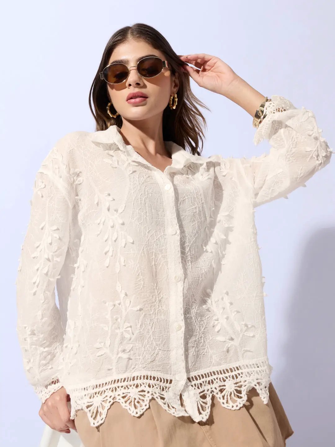 Women's Embroidered Cream Shirt with Lace Hem Detail