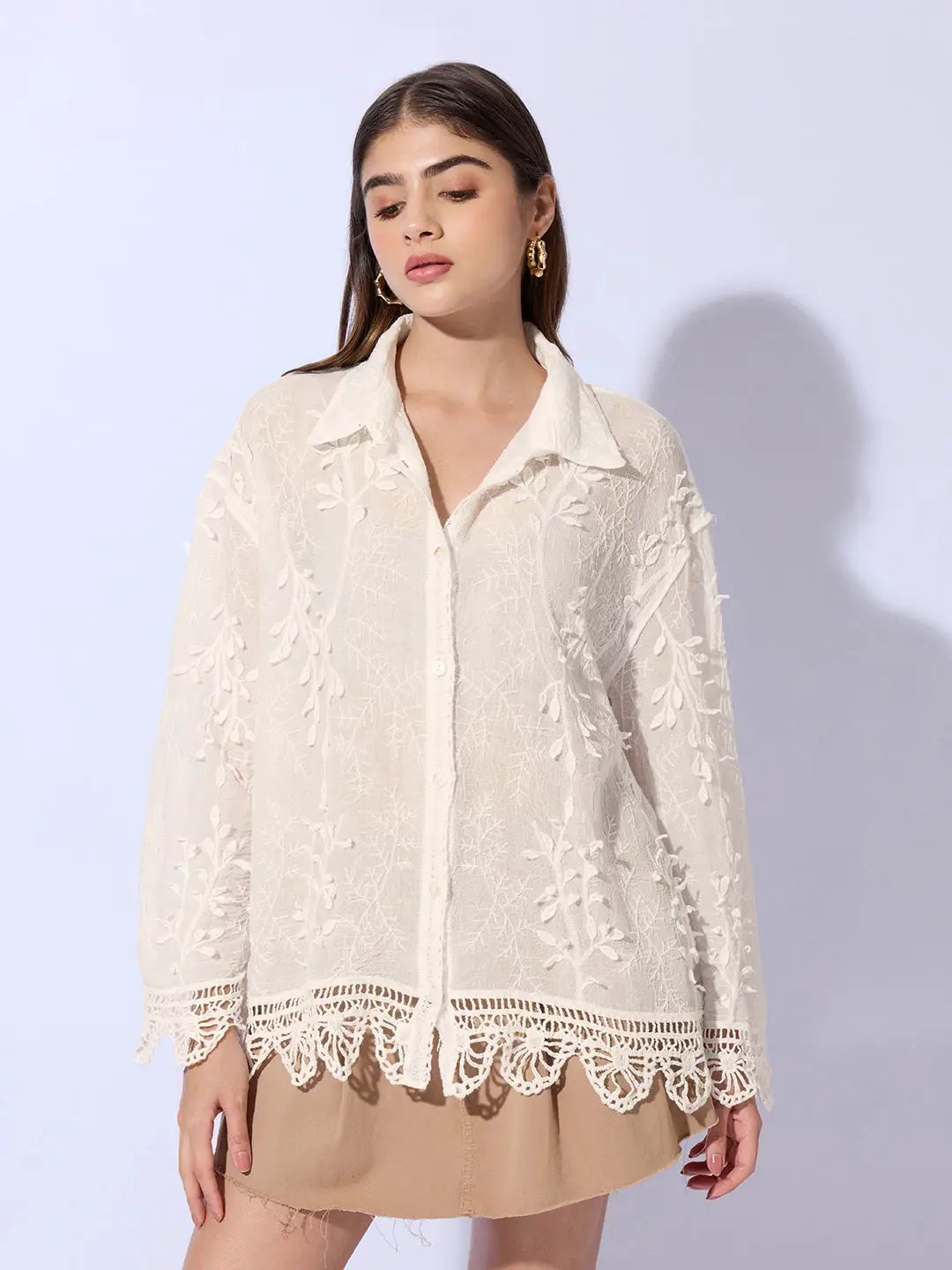 Women's Embroidered Cream Shirt with Lace Hem Detail
