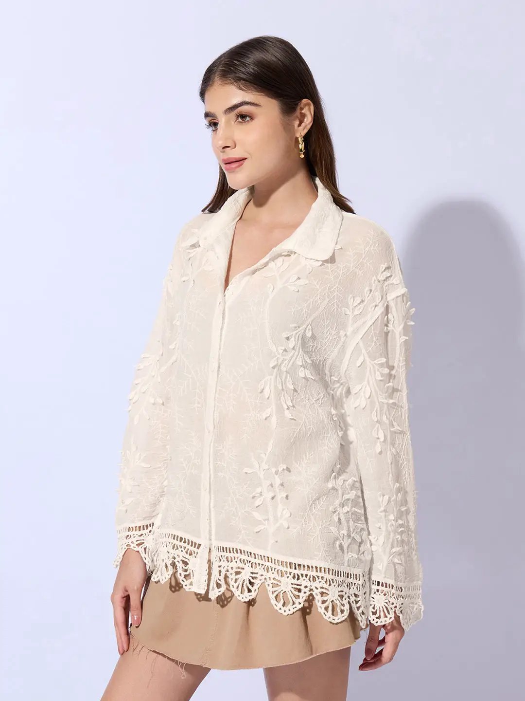 Women's Embroidered Cream Shirt with Lace Hem Detail