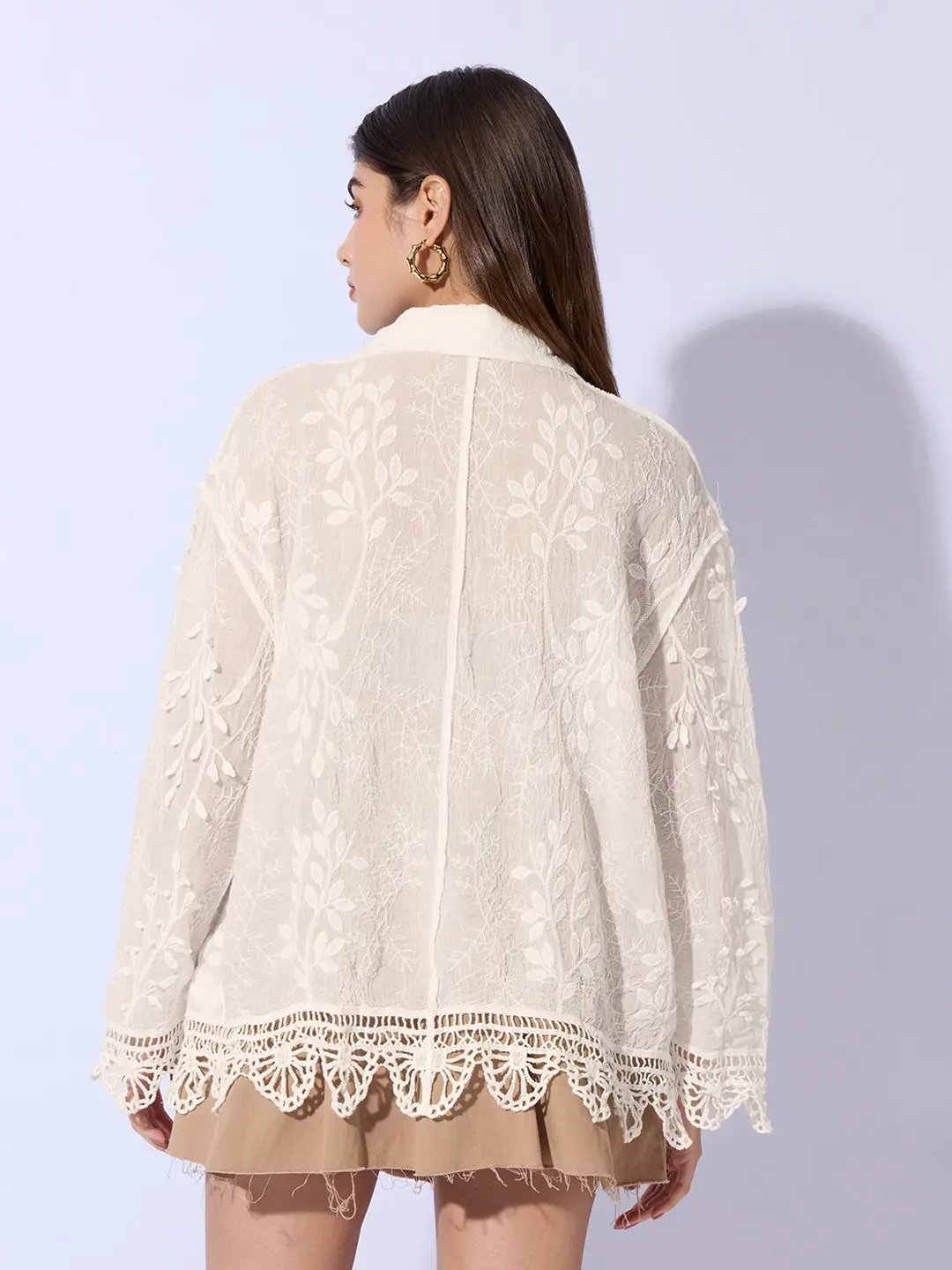 Women's Embroidered Cream Shirt with Lace Hem Detail