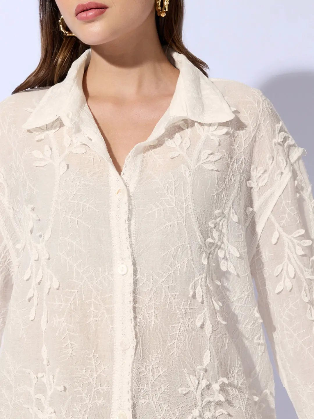 Women's Embroidered Cream Shirt with Lace Hem Detail