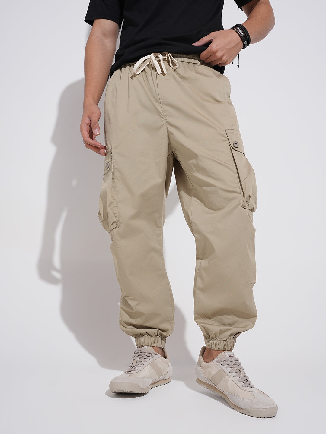 Men's Beige Relaxed Fit Cargo Joggers with Elasticated Waist and Drawstring