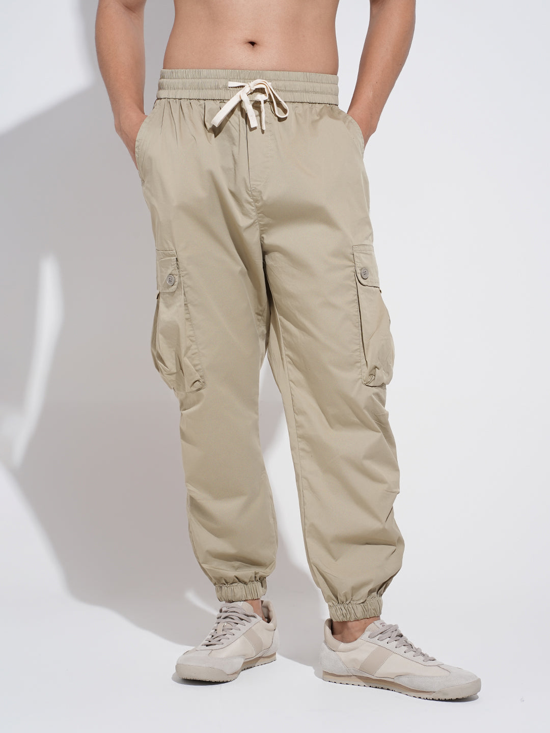 Men's Beige Relaxed Fit Cargo Joggers with Elasticated Waist and Drawstring