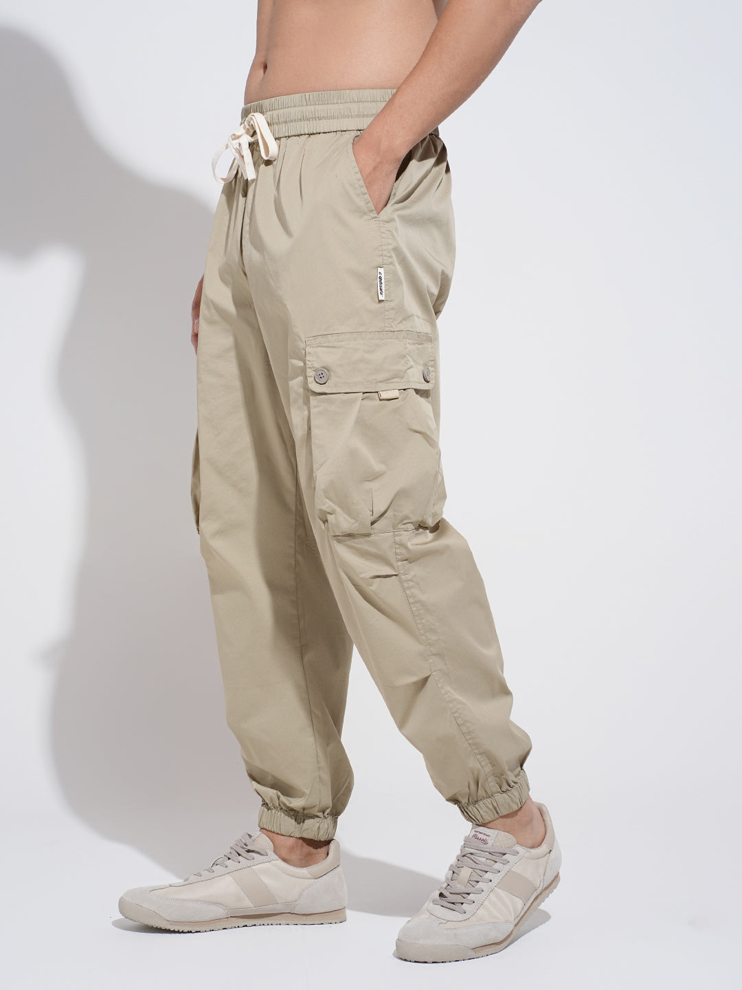 Men's Beige Relaxed Fit Cargo Joggers with Elasticated Waist and Drawstring