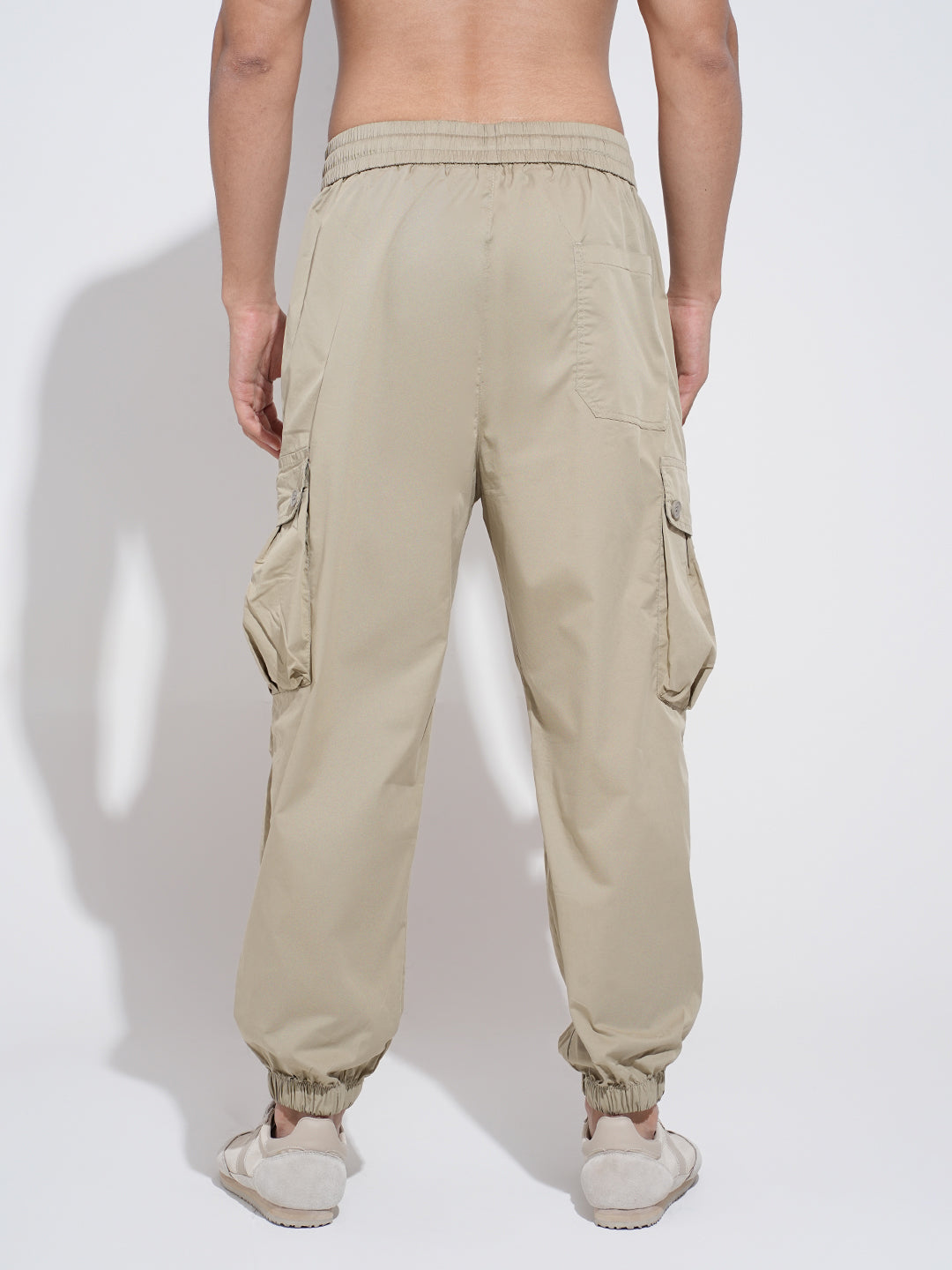 Men's Beige Relaxed Fit Cargo Joggers with Elasticated Waist and Drawstring