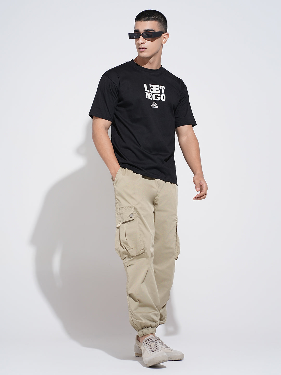 Men's Beige Relaxed Fit Cargo Joggers with Elasticated Waist and Drawstring