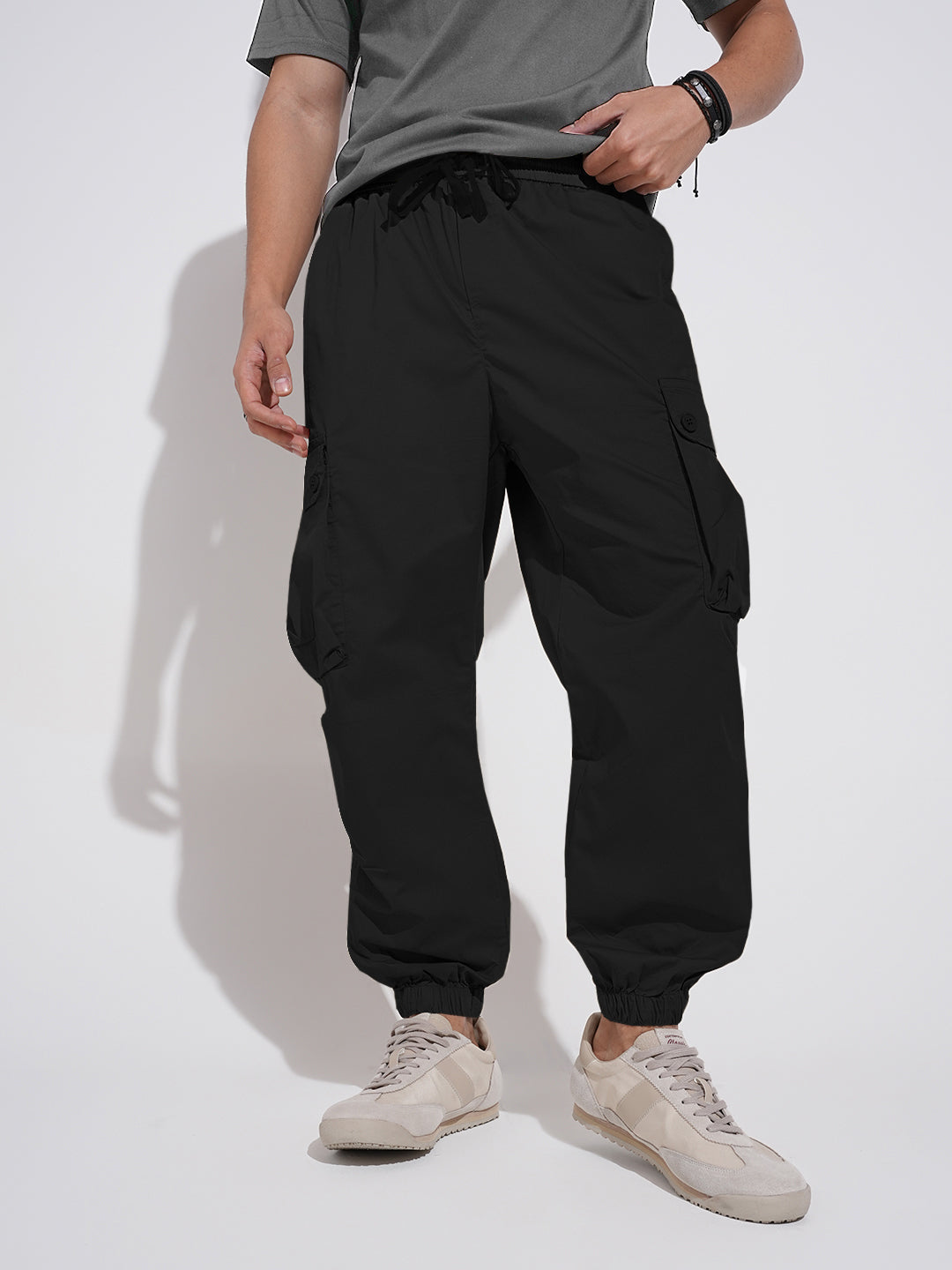 Men's Black Relaxed Fit Cargo Joggers with Elasticated Waist and Drawstring
