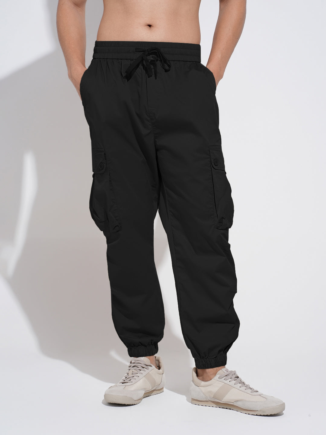 Men's Black Relaxed Fit Cargo Joggers with Elasticated Waist and Drawstring