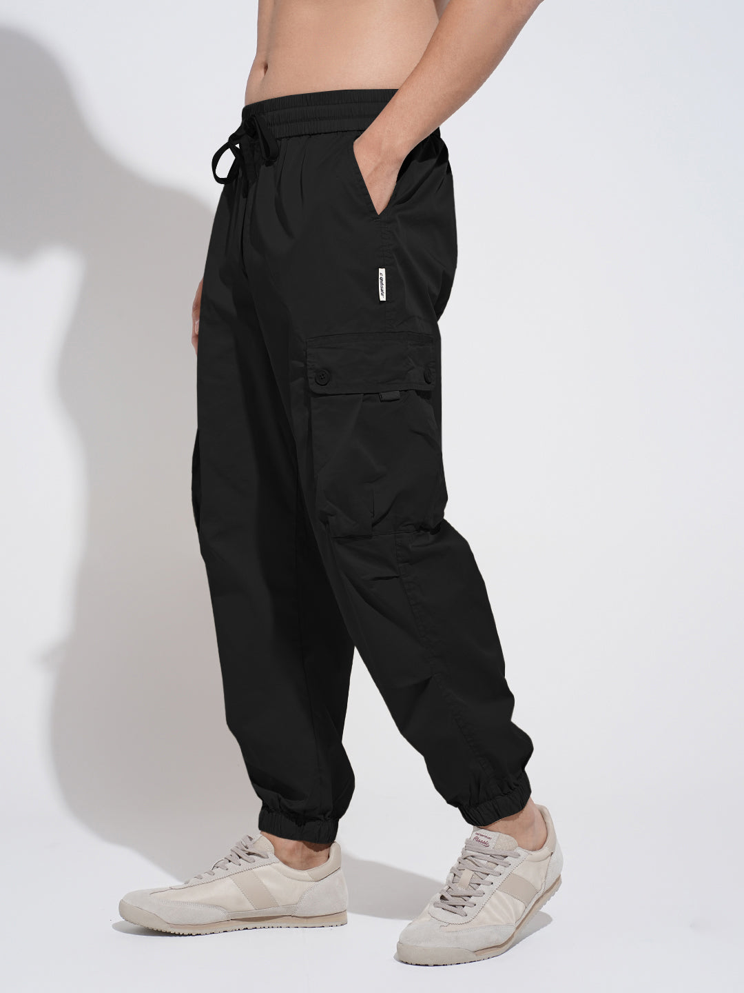 Men's Black Relaxed Fit Cargo Joggers with Elasticated Waist and Drawstring