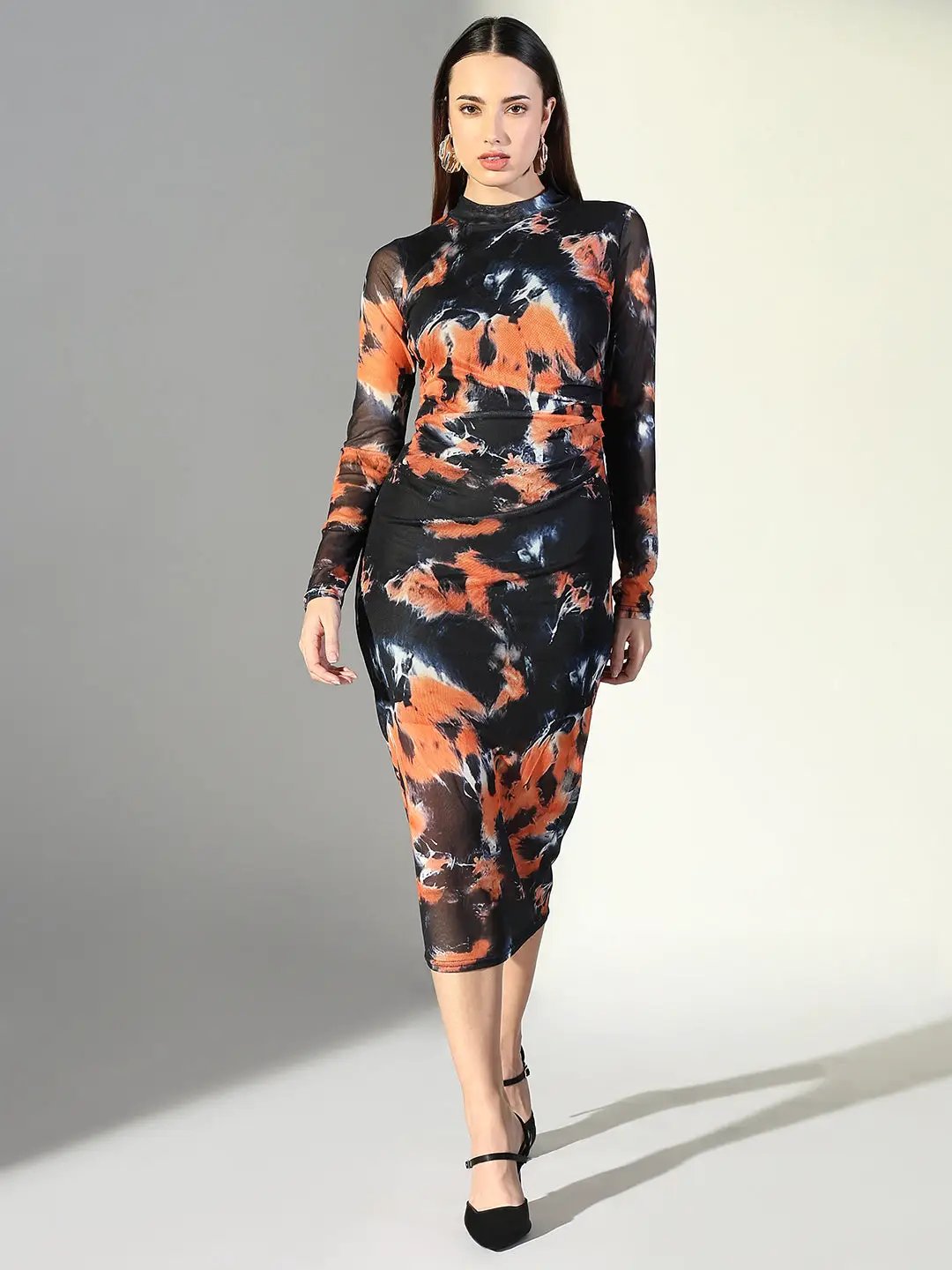 Shop Women's Abstract Print Black High Neck Full Sleeves Bodycon Dress| Showoffff Shop Women's Abstract Print Black High Neck Full Sleeves Bodycon Dress| Showoffff