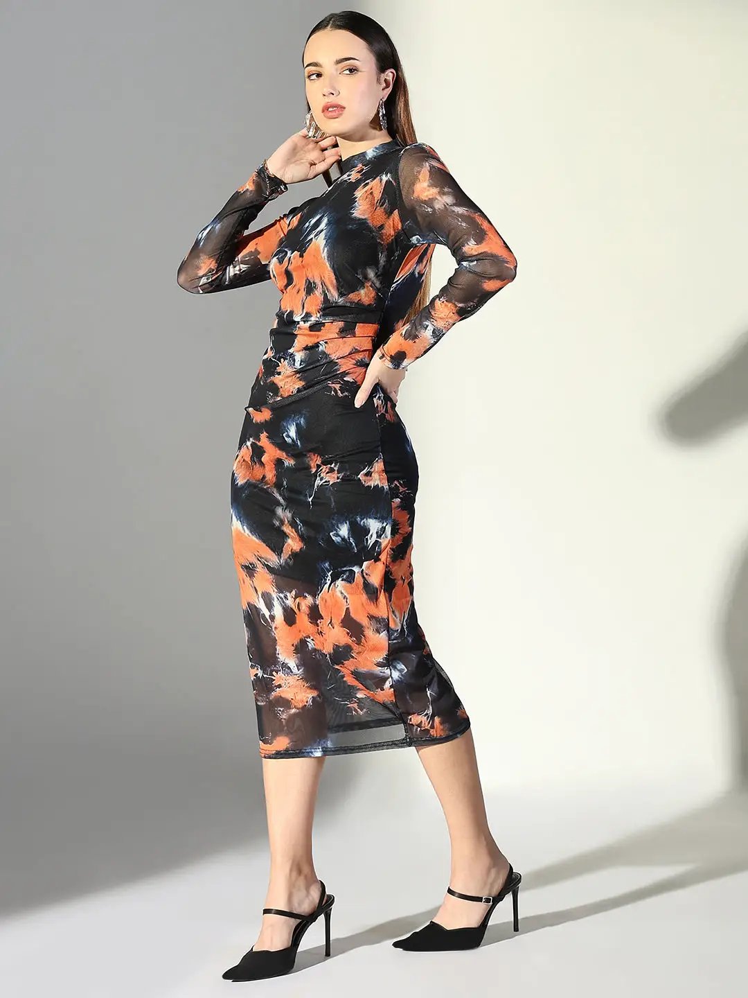 Shop Women's Abstract Print Black High Neck Full Sleeves Bodycon Dress| Showoffff Shop Women's Abstract Print Black High Neck Full Sleeves Bodycon Dress| Showoffff