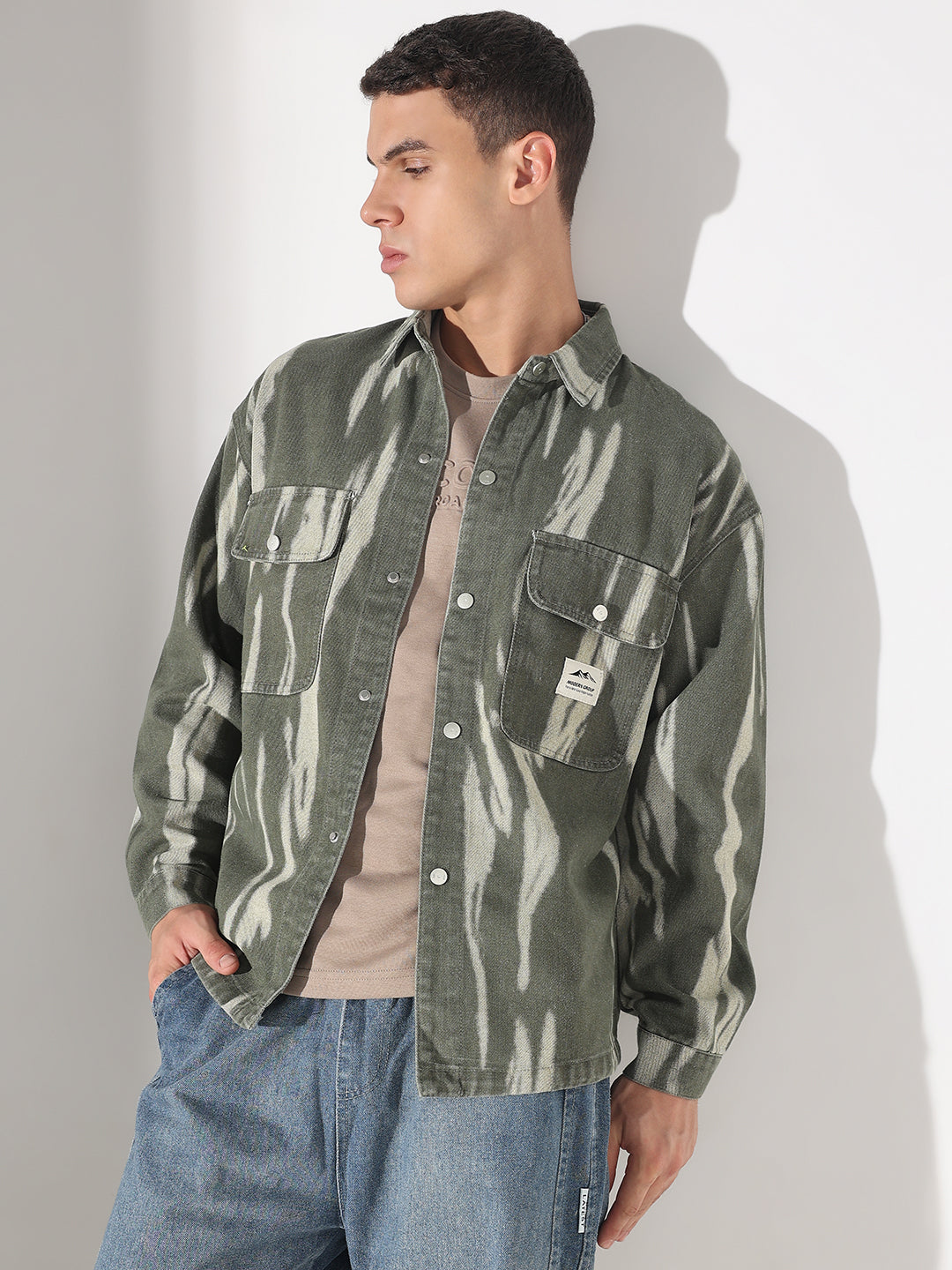 Men's Dyed Green Denim Button Down Shacket