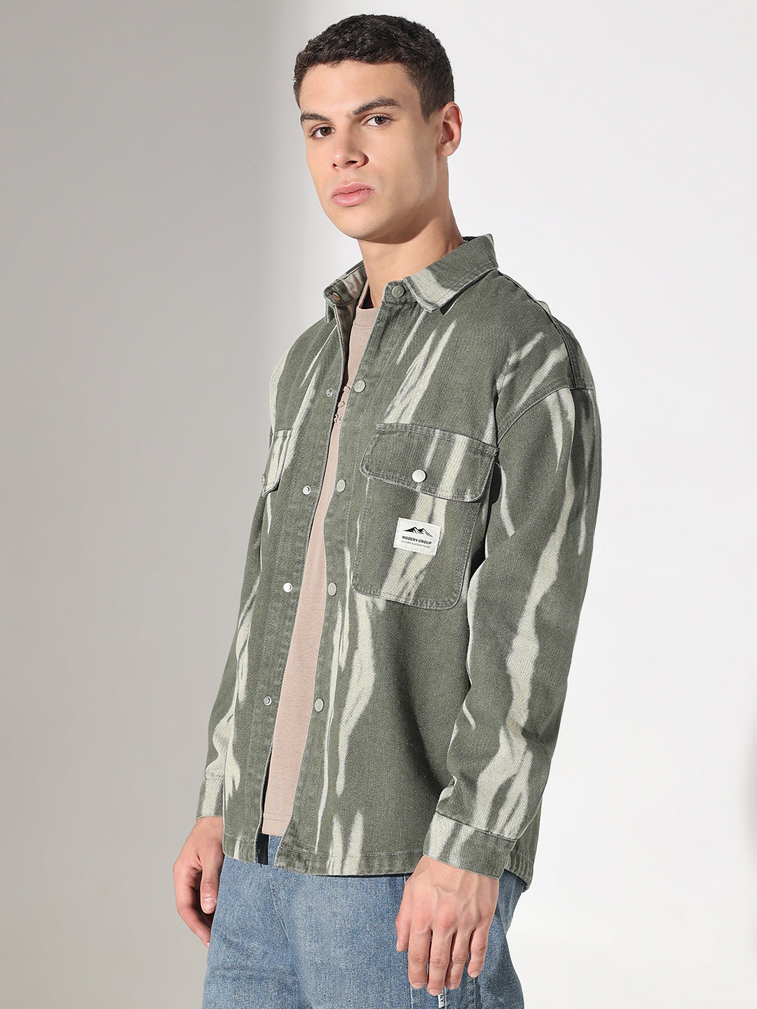 Men's Dyed Green Denim Button Down Shacket