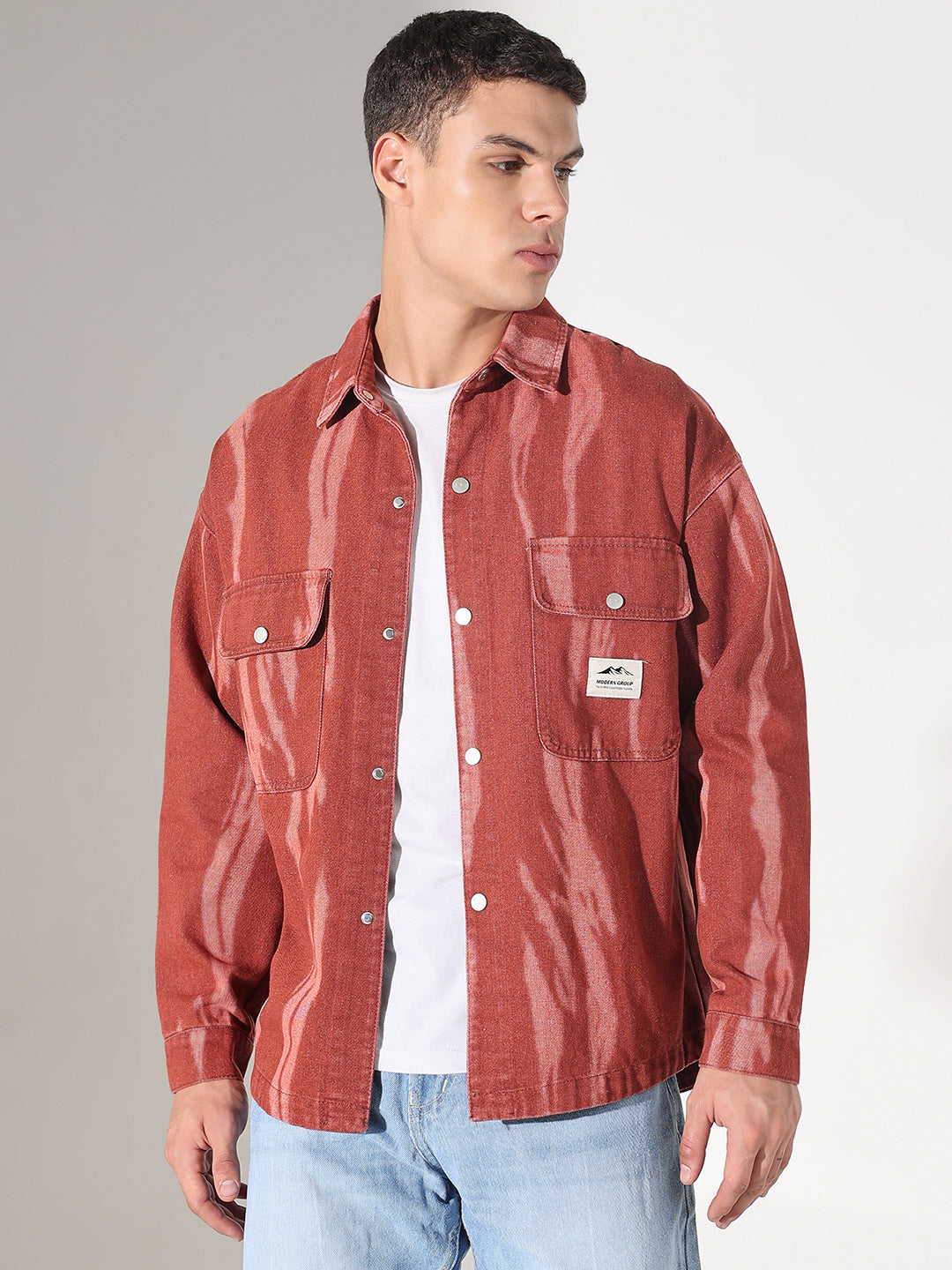 Men's Dyed Red Denim Button Down Shacket