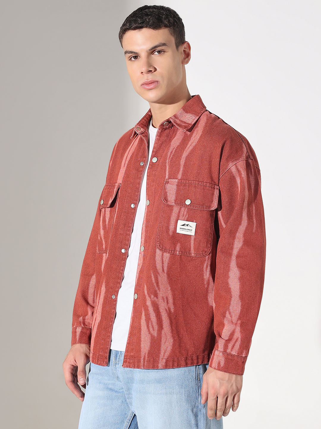 Men's Dyed Red Denim Button Down Shacket