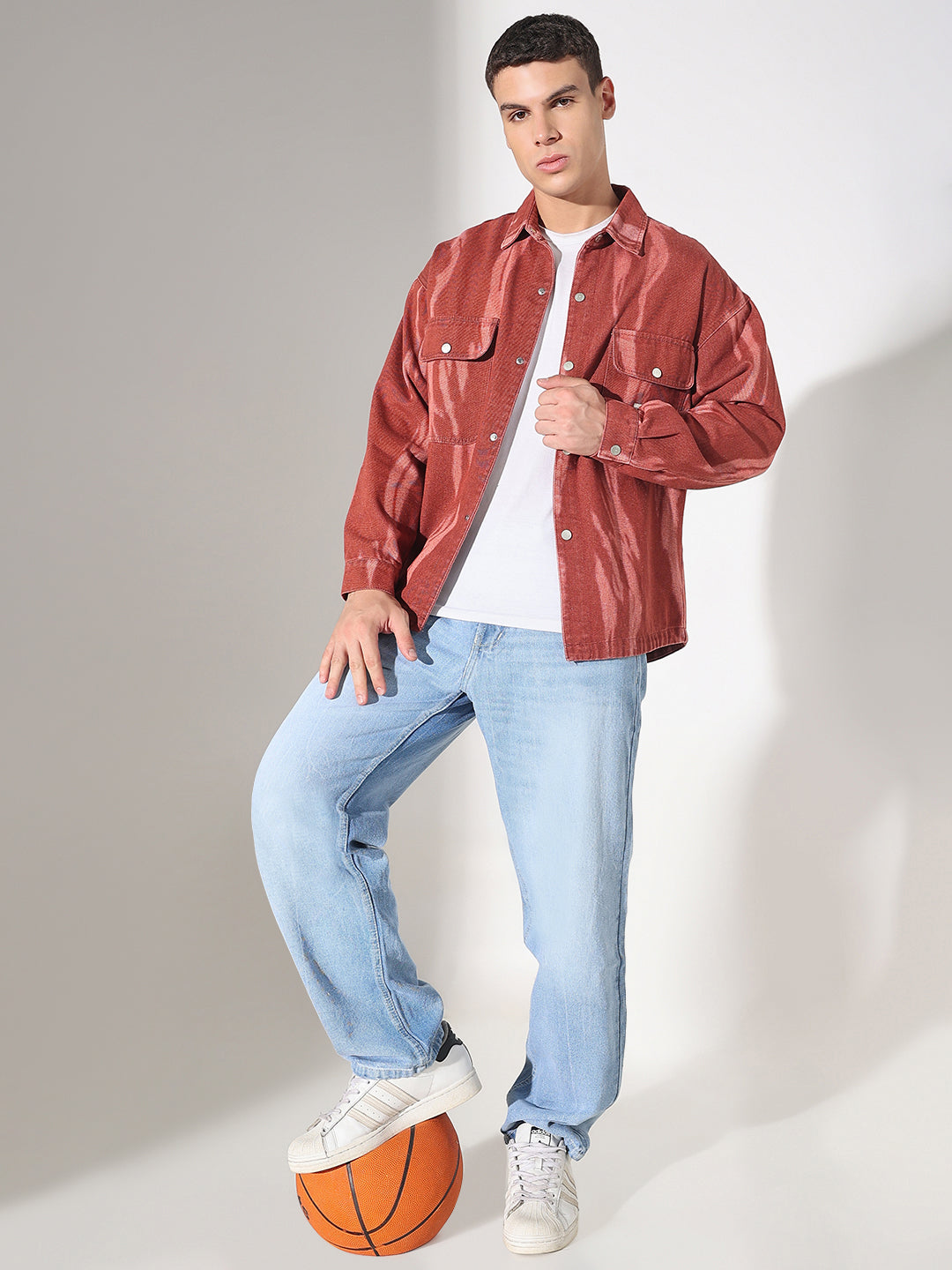 Men's Dyed Red Denim Button Down Shacket