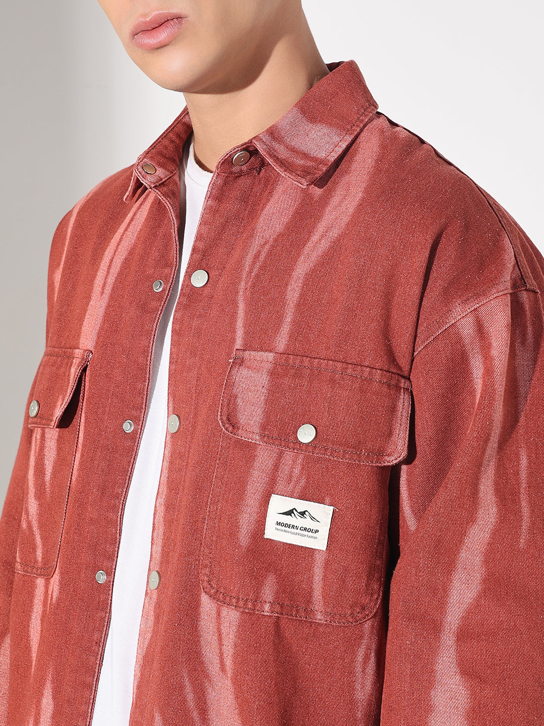 Men's Dyed Red Denim Button Down Shacket