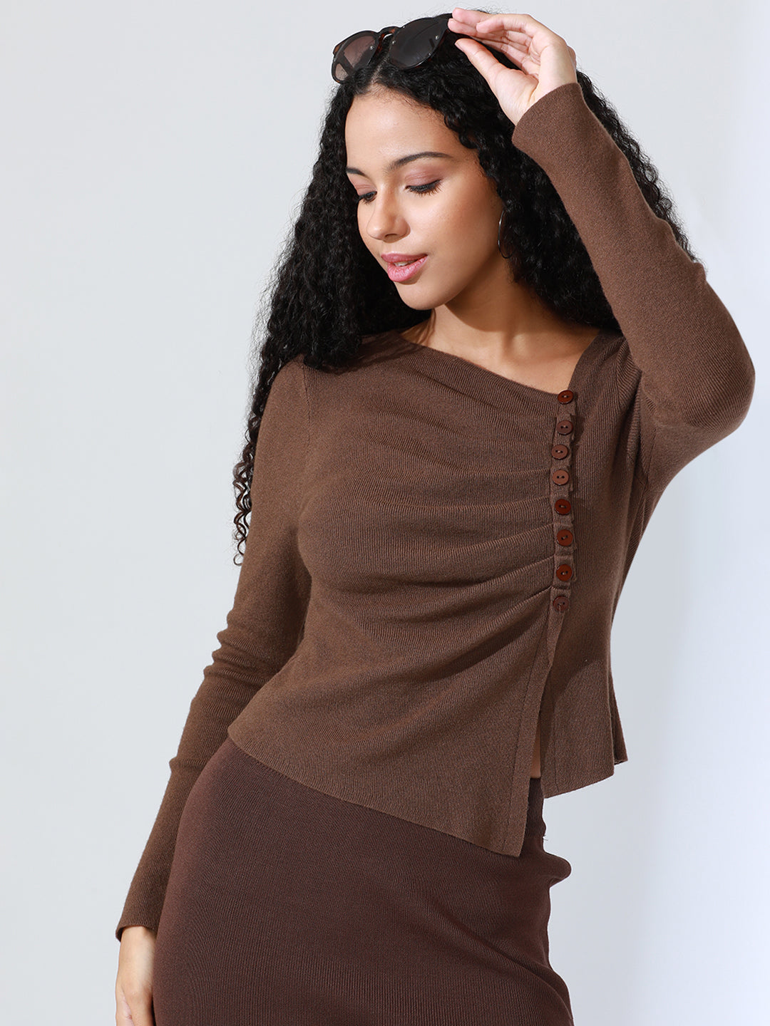Women's Brown Knit Asymmetric Hem Top with Ruched Front Detail