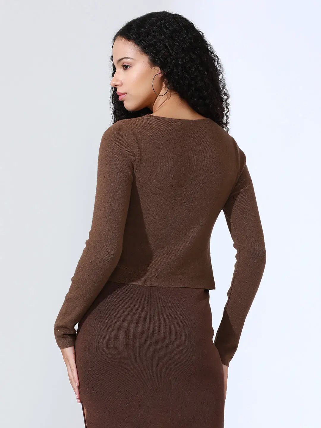 Women's Brown Knit Asymmetric Hem Top with Ruched Front Detail - from SHOWOFFFF