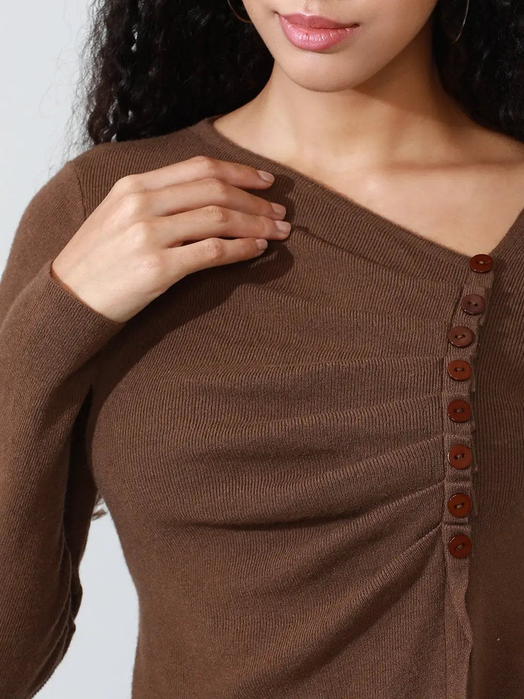 Women's Brown Knit Asymmetric Hem Top with Ruched Front Detail - from SHOWOFFFF