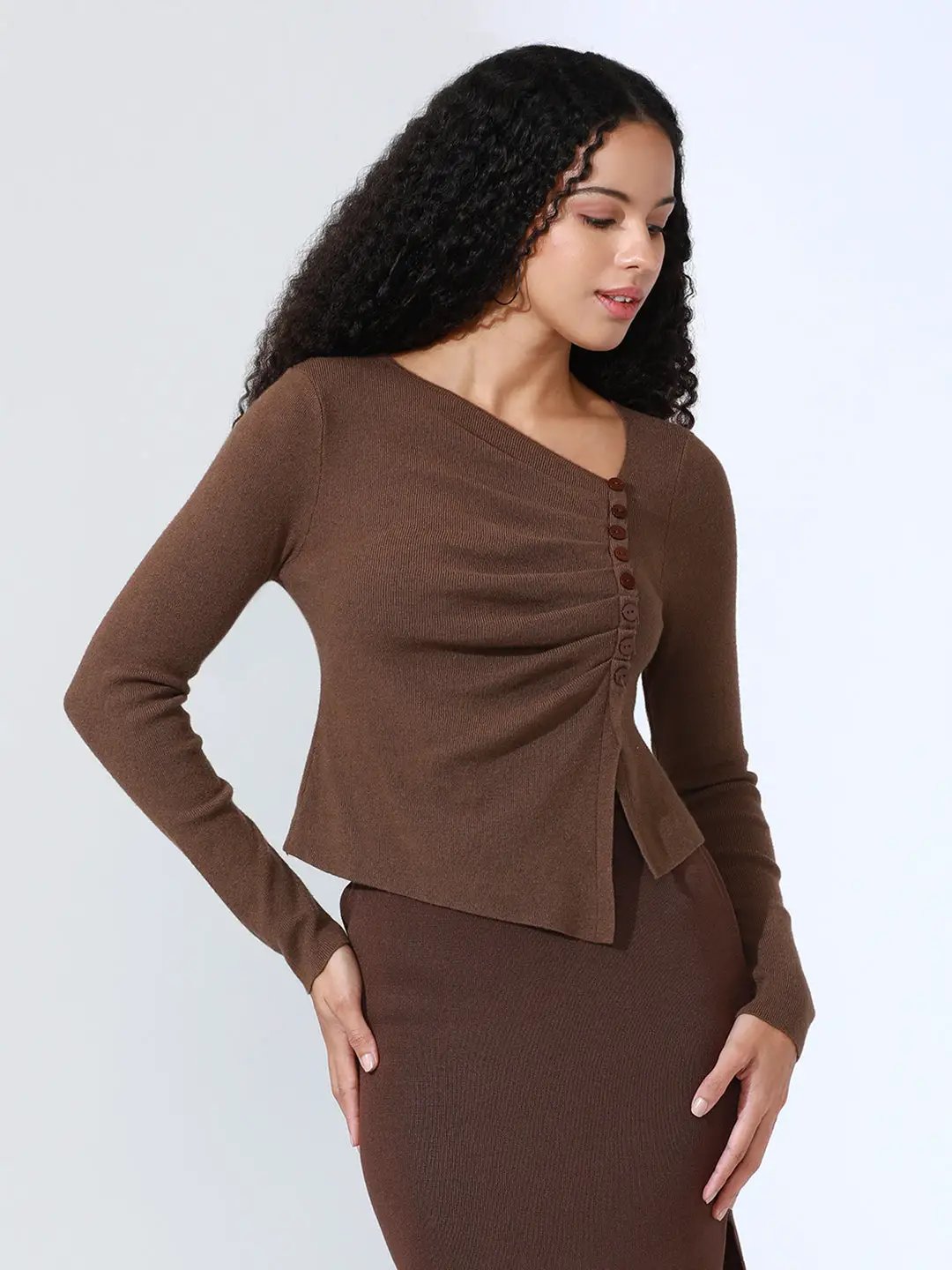 Women's Brown Knit Asymmetric Hem Top with Ruched Front Detail - from SHOWOFFFF