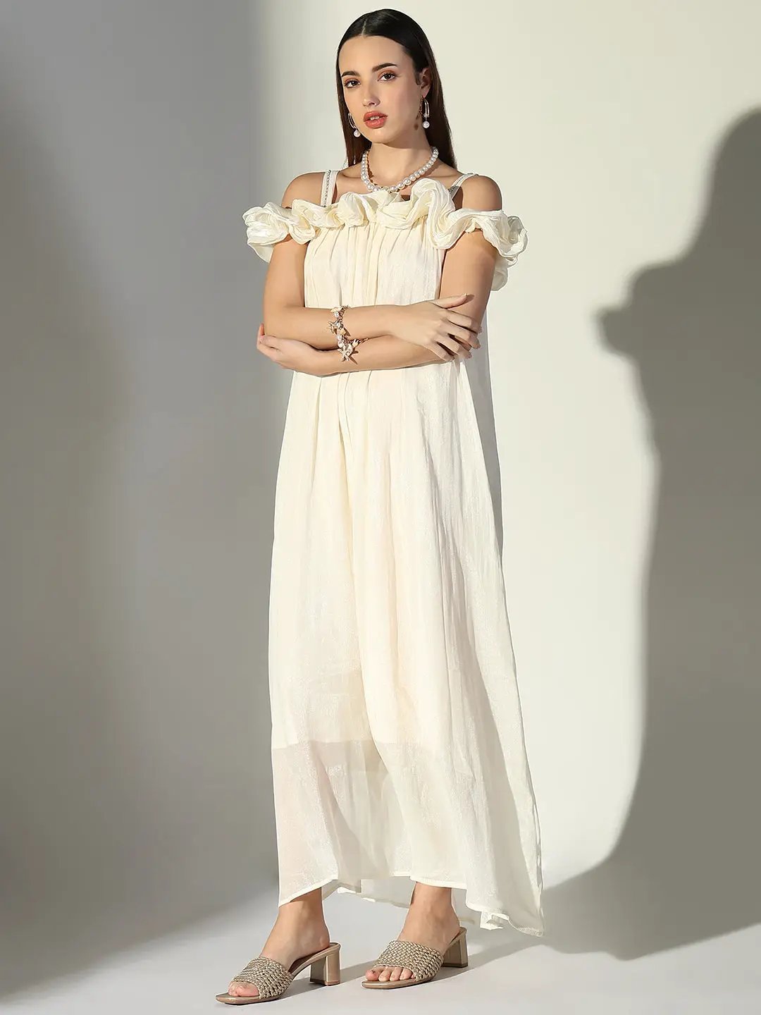 Shop Women's Ruffle Embellished Off Shoulder Cream Maxi Dress| Showoffff Shop Women's Ruffle Embellished Off Shoulder Cream Maxi Dress| Showoffff
